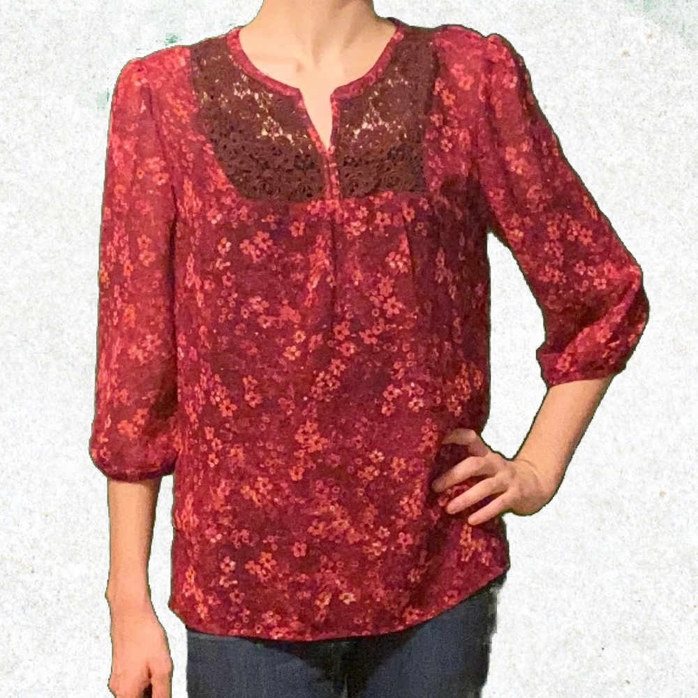 Arizona Jean Co Floral Burgundy Blouse